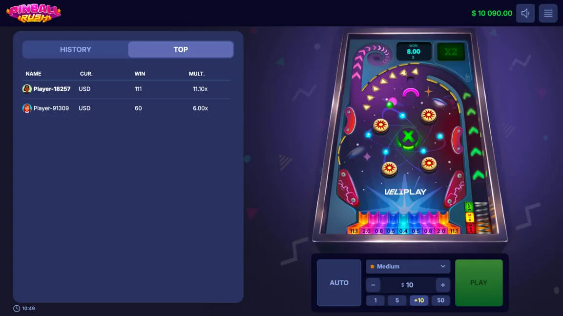 Pinball Rush difficulty selection screen showing three levels